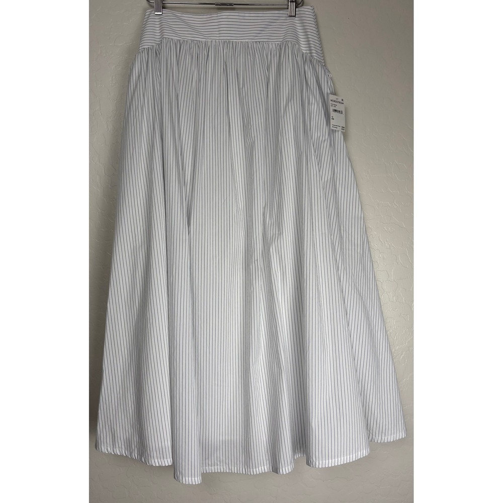 Parker Striped Midi Skirt Blue White Cotton Blend High Waist Size 12 2552